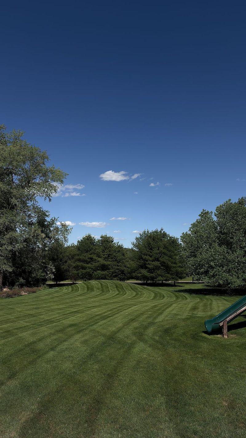 Striped backyard lawn with a play slide